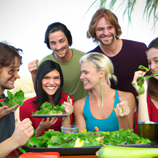 קבוצת טבעונים וצמחונים נהנים יחד מארוחה בריאה
